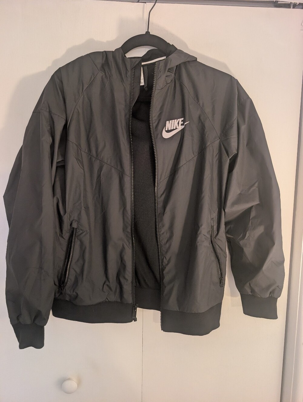 Nike Youth Black Hooded Windbreaker with White Logo